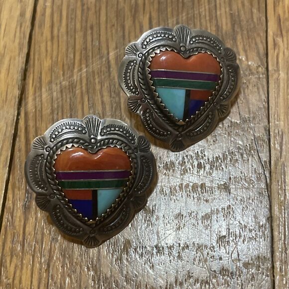 Quoc Turquoise Inc QT Sterling 925 Silver Inlaid Coral Turquoise Heart Earrings - Picture 1 of 7